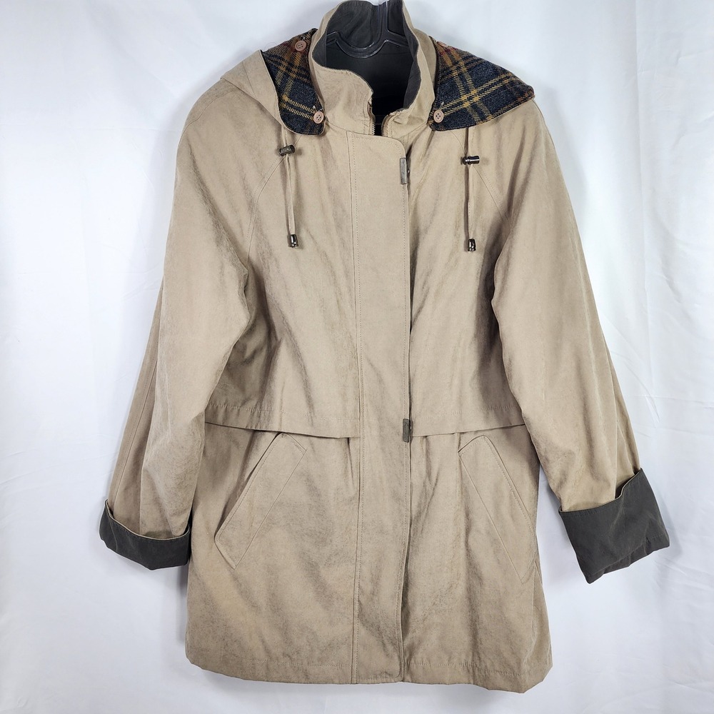 Y2K 90s Liz Claiborne Utility Chore Coat Women Small Neutral Jacket Liner Hooded